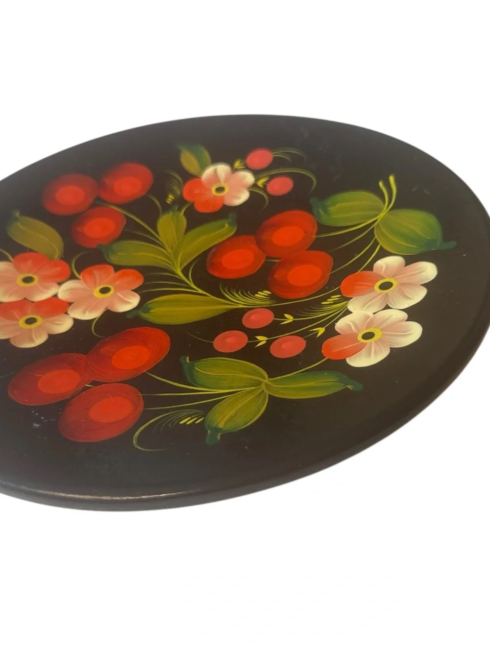 Hand Painted Wooden Floral Wall Plate Folk Art Black Red Flowers 10.5” Decor
